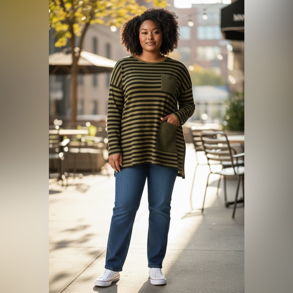 (18)Naya Green and Navy Crew Neck Sweater Relaxed Fit